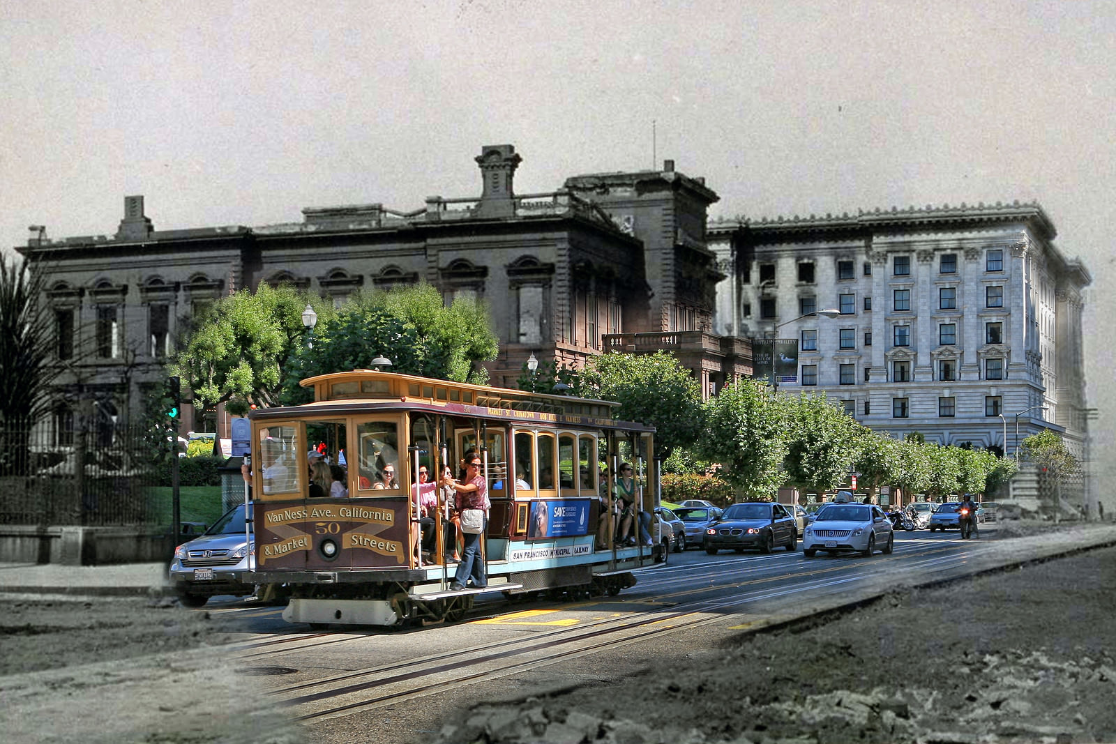 #10 Passing cable cars offer a view of the destruction of California Street. Old St. Marys Cathedral has escaped destruction.