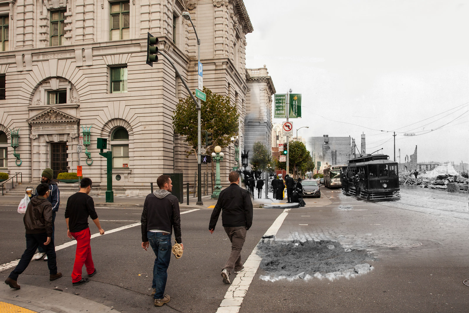#42 7th and Mission, where streetcars have recently been put back into service on Mission St and the main post office continues cleanup work.