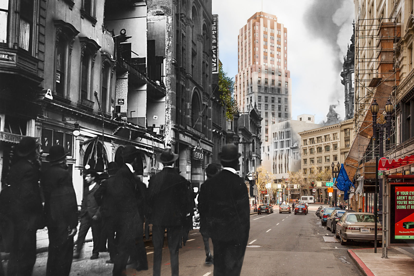 Spectators fill O’Farrell Street to watch the billowing smoke inch closer towards the Call Building.