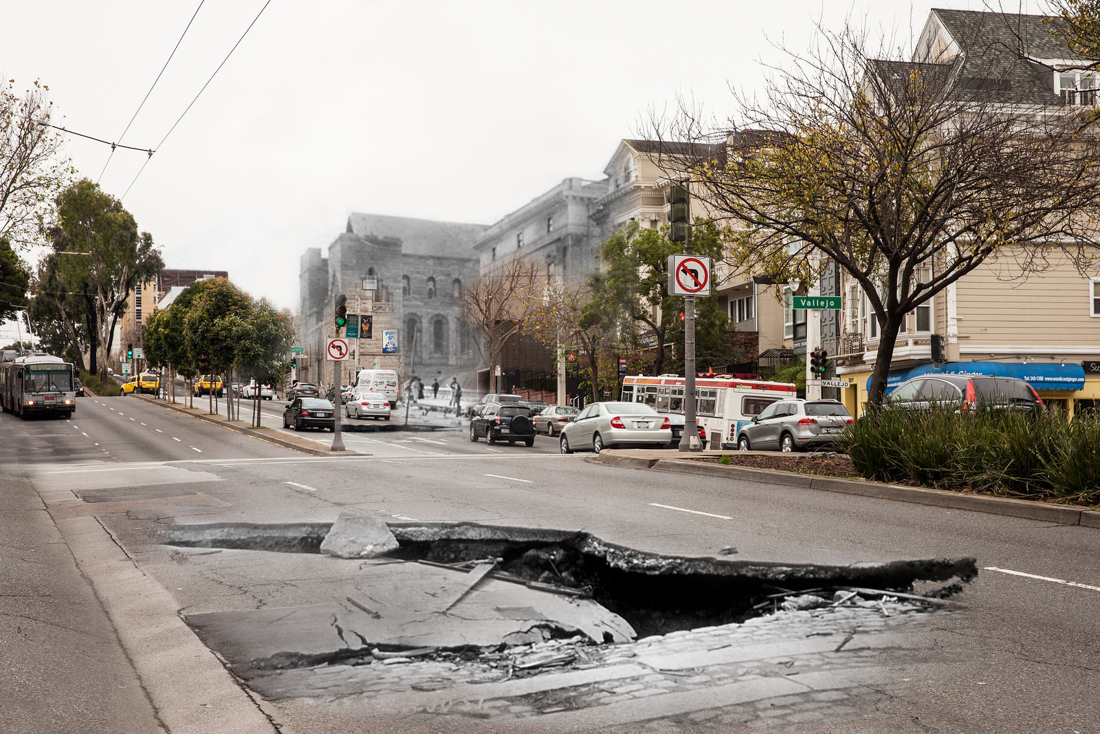 #58 A Muni bus heads for a giant sinkhole on Van Ness below Vallejo while workers clear up debris from the damaged St. Brigid Church.