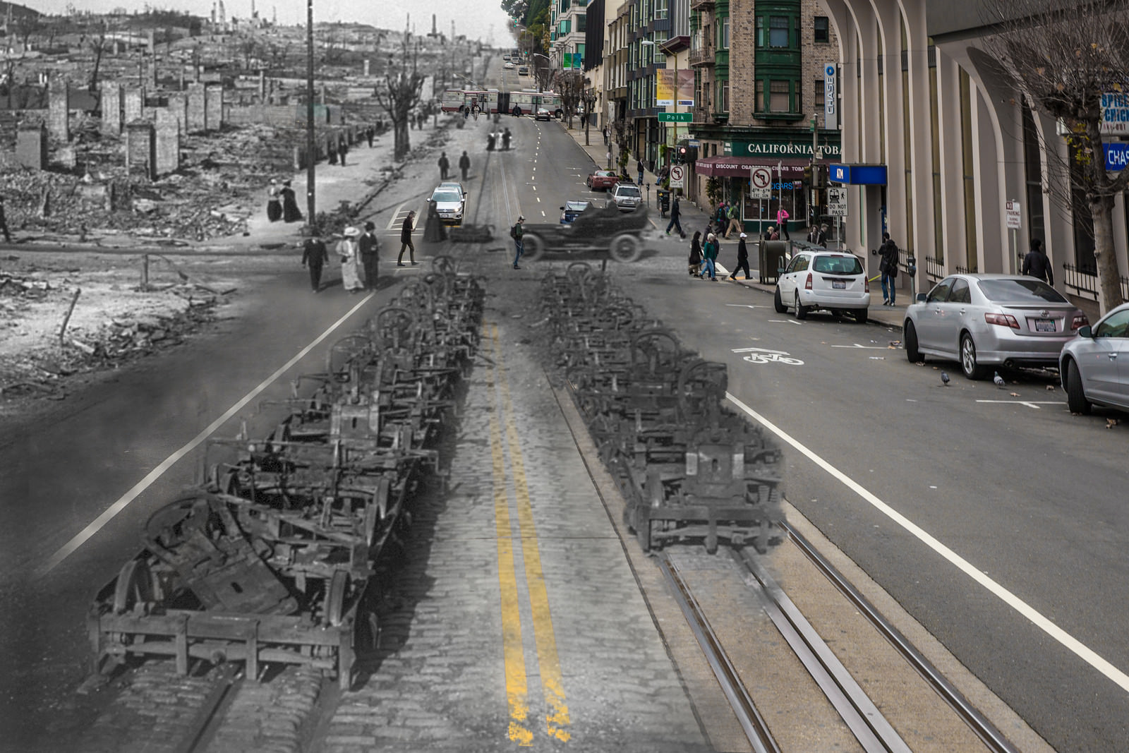 #70 Nothing but the steel trucks of the cable cars remain after intense fires burned through California St. between Polk St. and Larkin St.