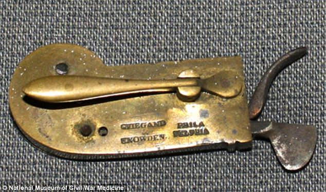 #44 This instrument, a fleam, was used for bloodletting. The U-shaped blade is spring-loaded and activated by the trigger above it. The depth of the cut can be regulated by a screw at the base of the lever.