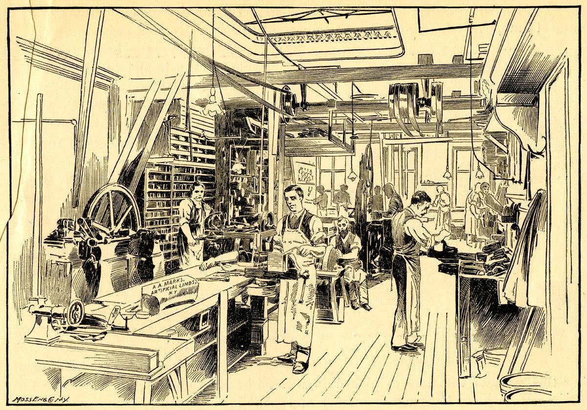#47 This picture shows a prosthetics factory in the late 1800s. Almost 150 patents were issued for artificial limb designs between 1861 and 1873.
