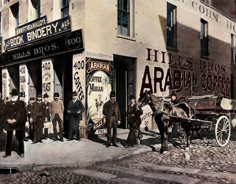 Hills Bros. Arabian Coffee &; Spice Mills at the corner of Sansome and Sacramento Streets, circa 1880