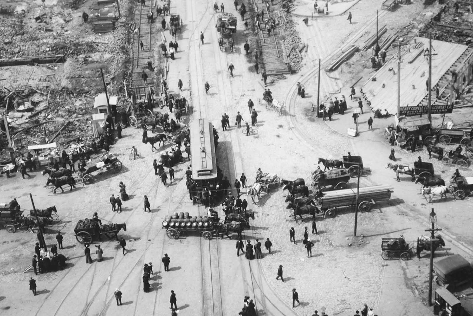 #46 Junction of Sacramento, Market, and Embarcadero Streets, and part of the car track loop in front of the Ferry Building.