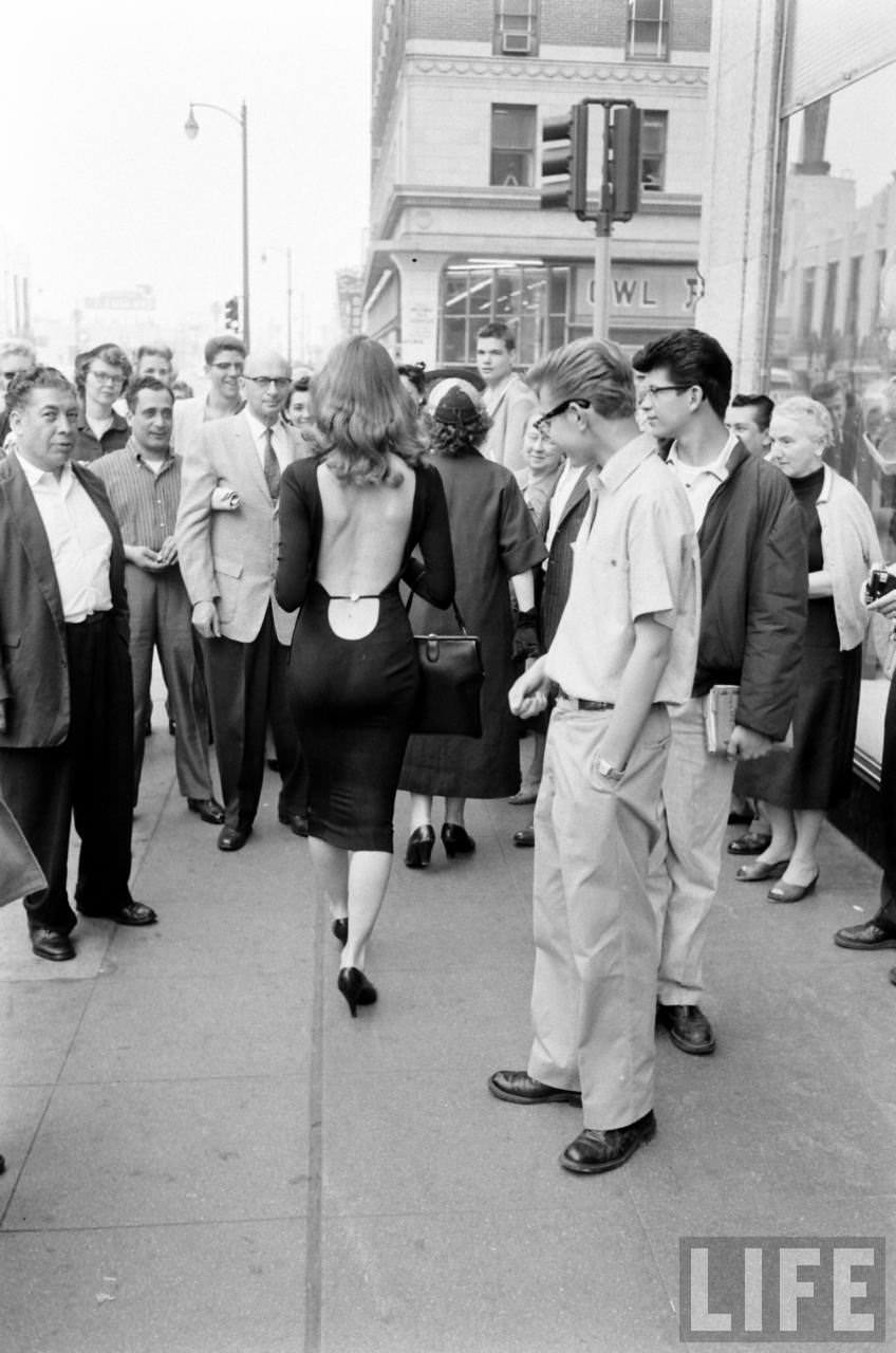 Vikki Dougan In Backless Dress on the Streets of Hollywood, Los Angeles in 1957 Celebrities