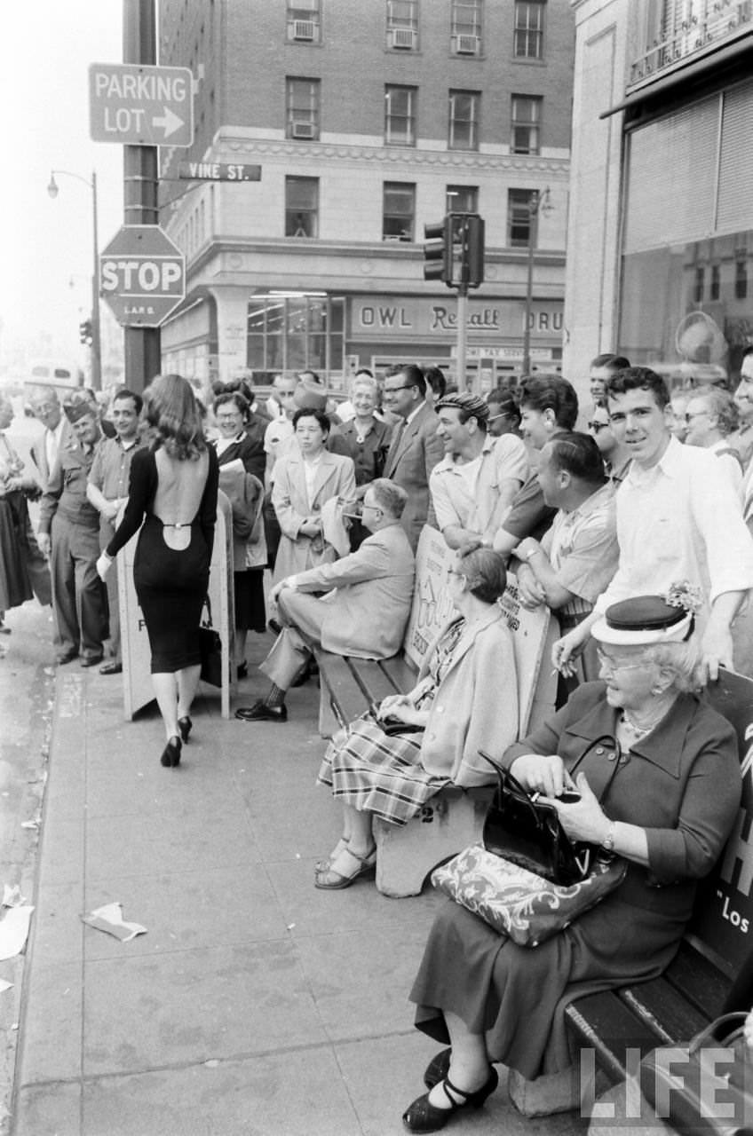 Vikki Dougan In Backless Dress on the Streets of Hollywood, Los Angeles in 1957 Celebrities