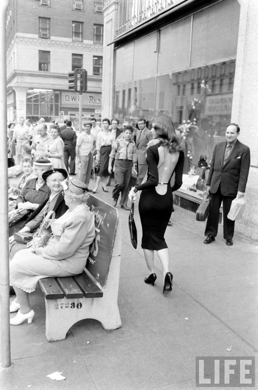 Vikki Dougan In Backless Dress on the Streets of Hollywood, Los Angeles in 1957 Celebrities