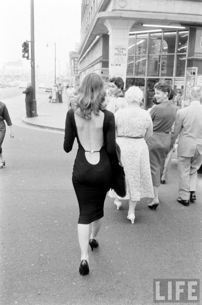 Vikki Dougan In Backless Dress on the Streets of Hollywood, Los Angeles in 1957 Celebrities