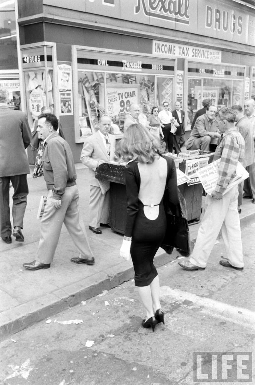 Vikki Dougan In Backless Dress on the Streets of Hollywood, Los Angeles in 1957 Celebrities