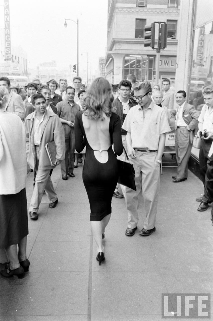 Vikki Dougan In Backless Dress on the Streets of Hollywood, Los Angeles in 1957 Celebrities