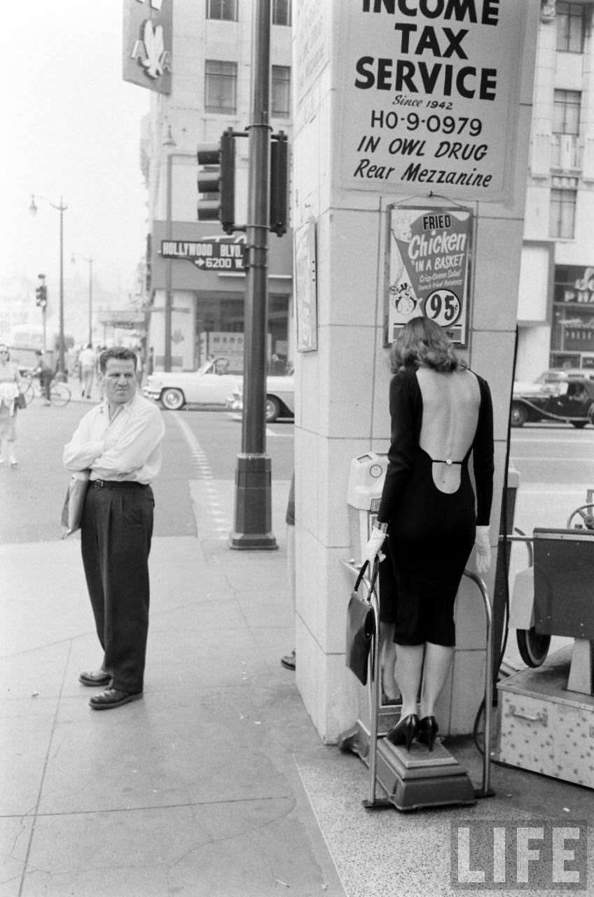 Vikki Dougan In Backless Dress on the Streets of Hollywood, Los Angeles in 1957 Celebrities