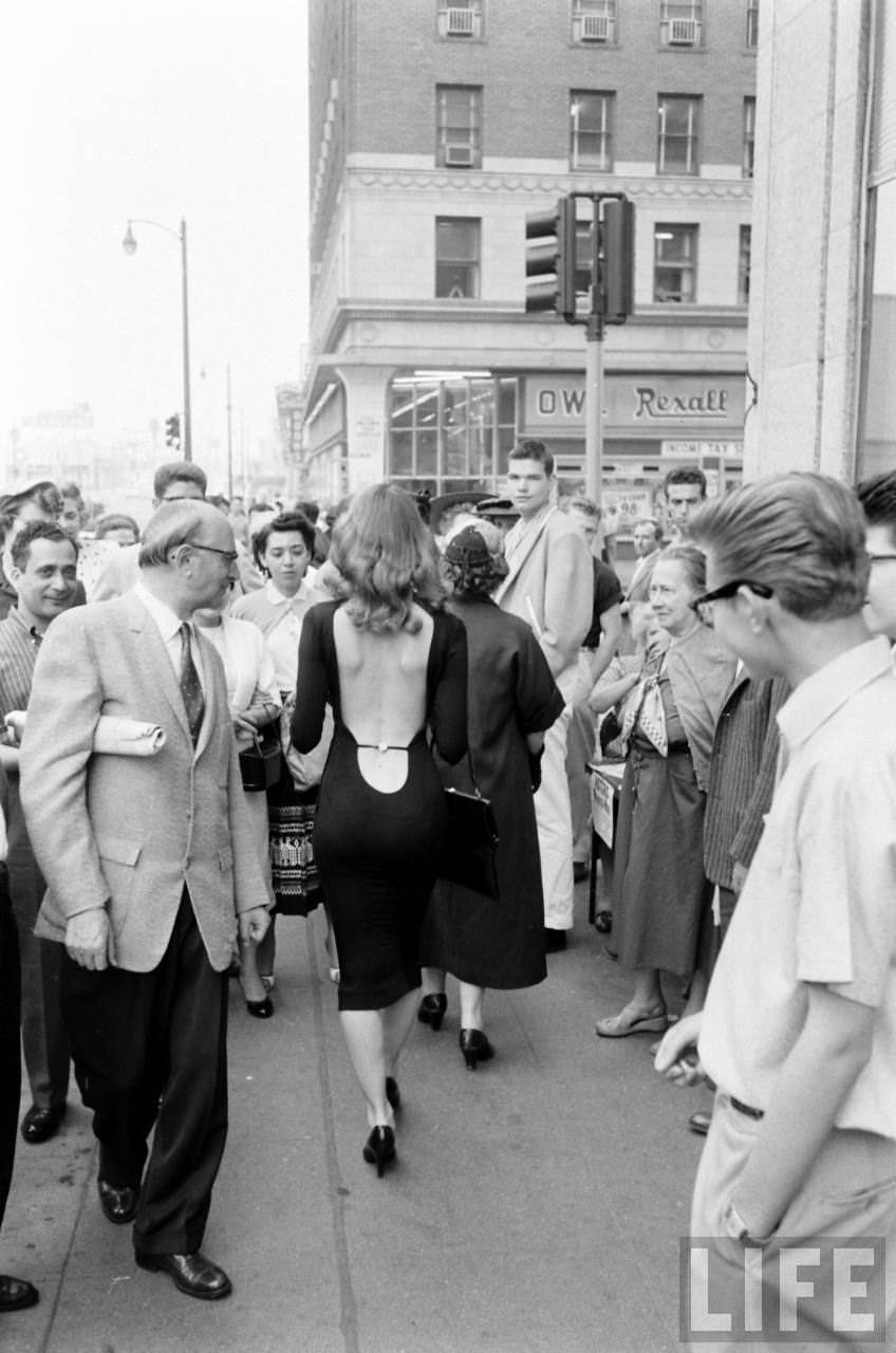 Vikki Dougan In Backless Dress on the Streets of Hollywood, Los Angeles in 1957 Celebrities