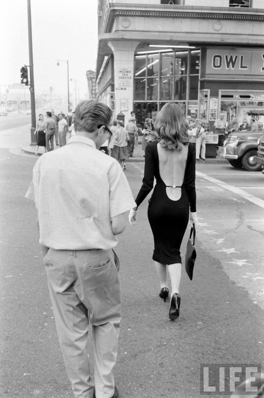 Vikki Dougan In Backless Dress on the Streets of Hollywood, Los Angeles in 1957 Celebrities