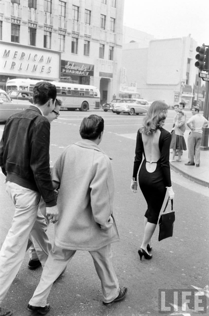 Vikki Dougan In Backless Dress on the Streets of Hollywood, Los Angeles in 1957 Celebrities