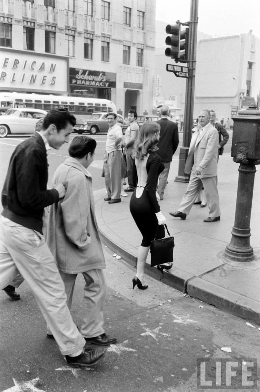 Vikki Dougan In Backless Dress on the Streets of Hollywood, Los Angeles in 1957 Celebrities