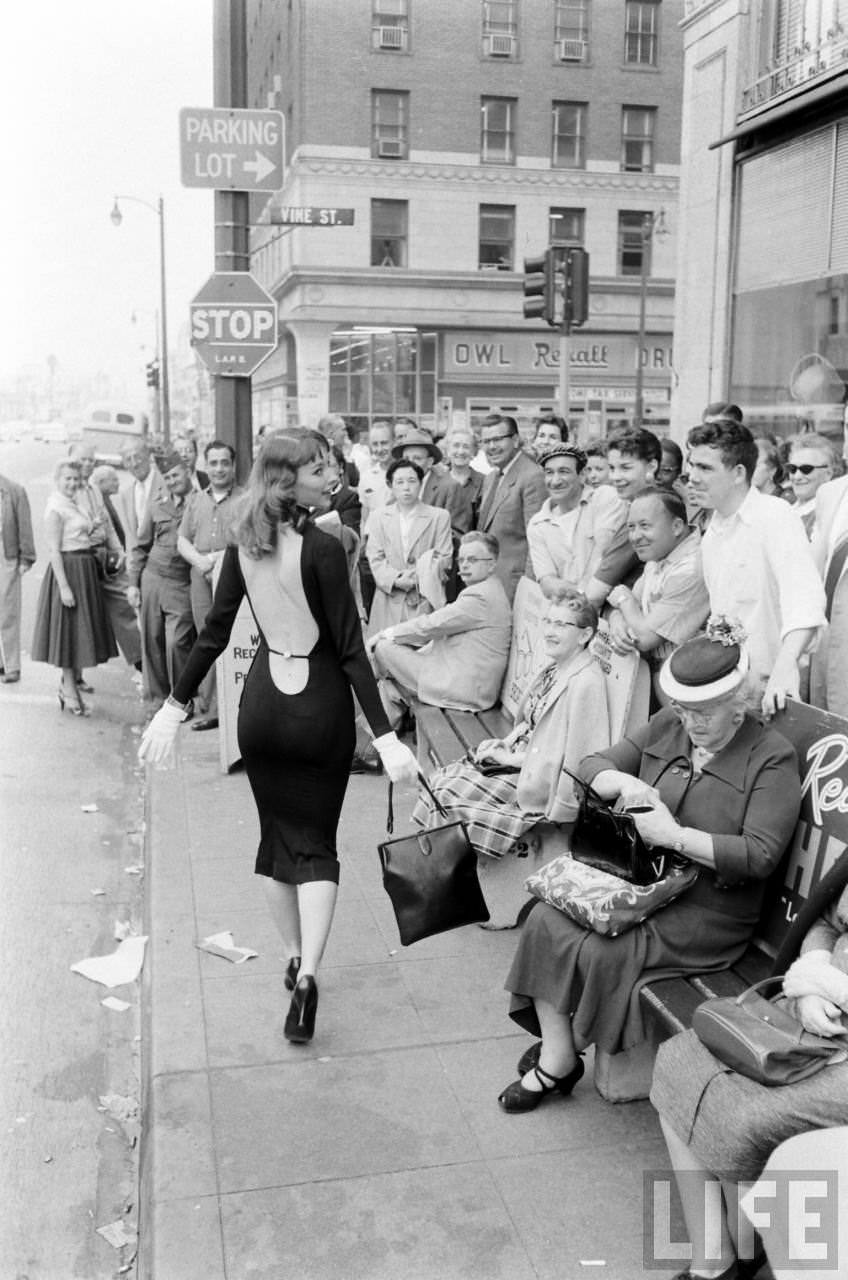 Vikki Dougan In Backless Dress on the Streets of Hollywood, Los Angeles in 1957 Celebrities