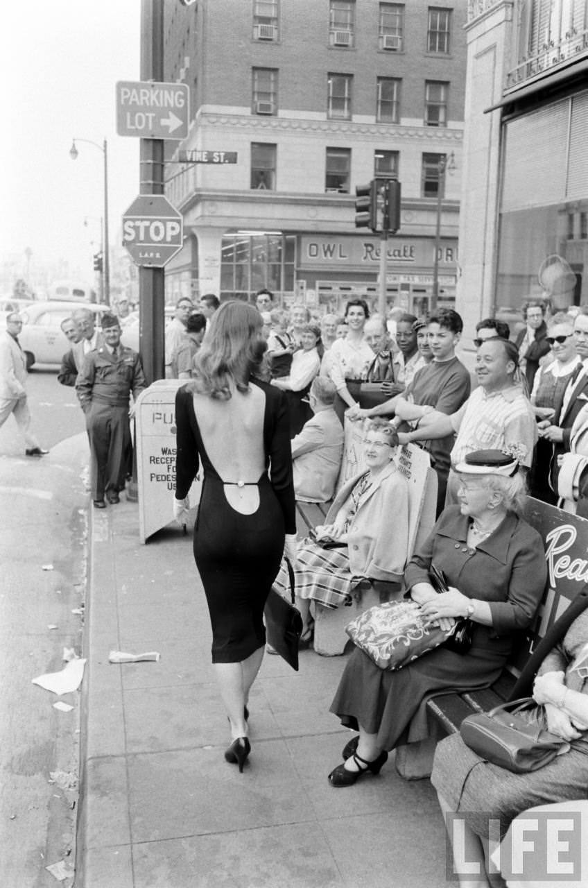 Vikki Dougan In Backless Dress on the Streets of Hollywood, Los Angeles in 1957 Celebrities