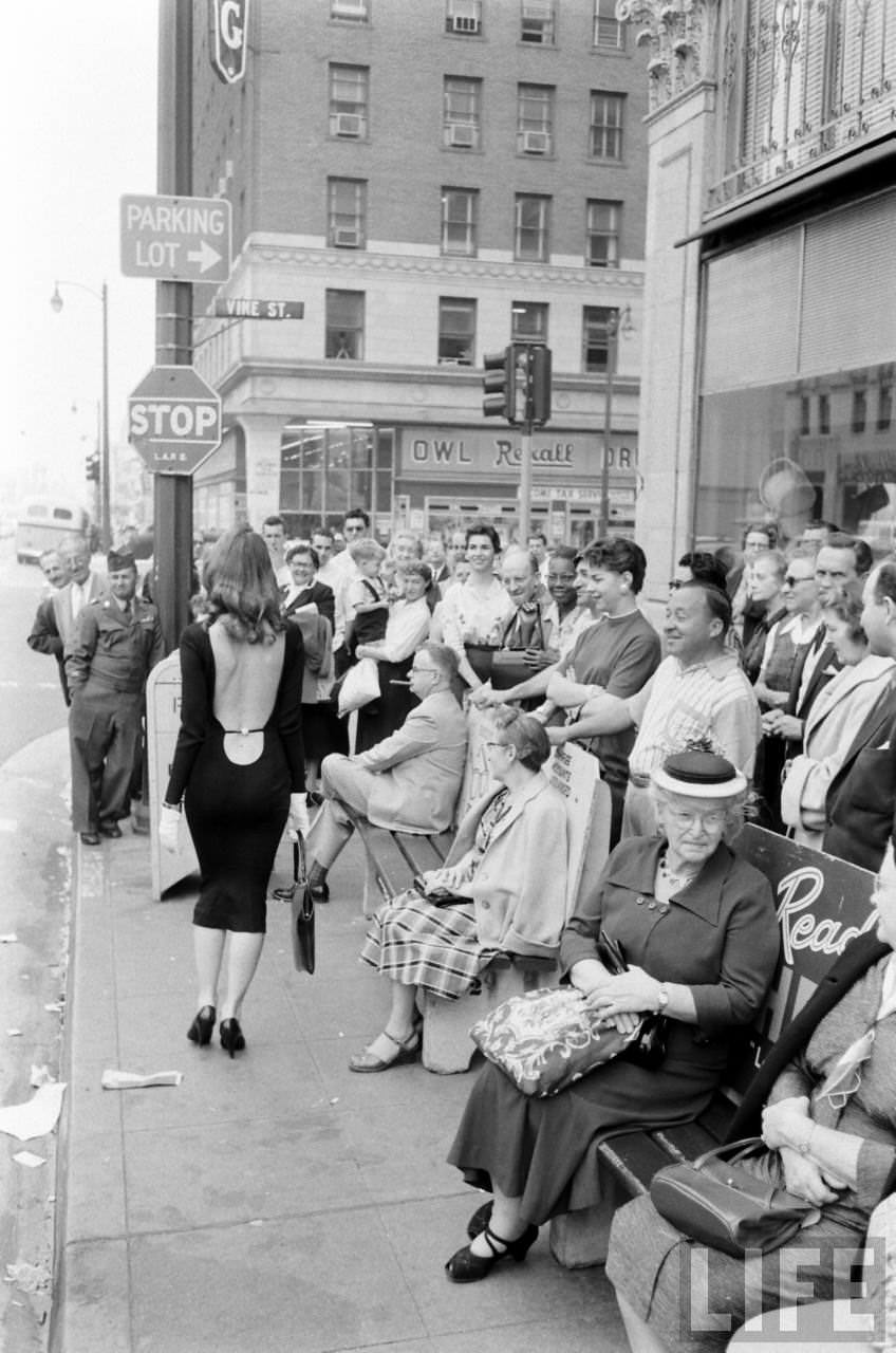 Vikki Dougan In Backless Dress on the Streets of Hollywood, Los Angeles in 1957 Celebrities