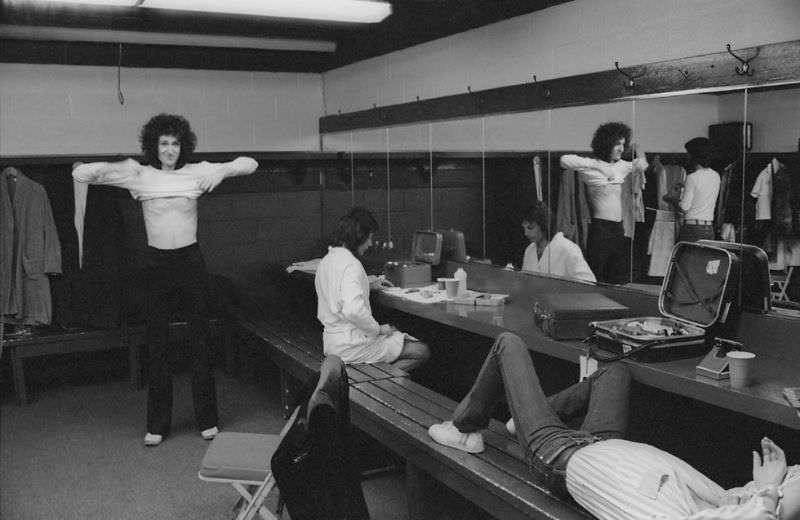 British rock band Queen backstage during the band’s US tour, January 1977