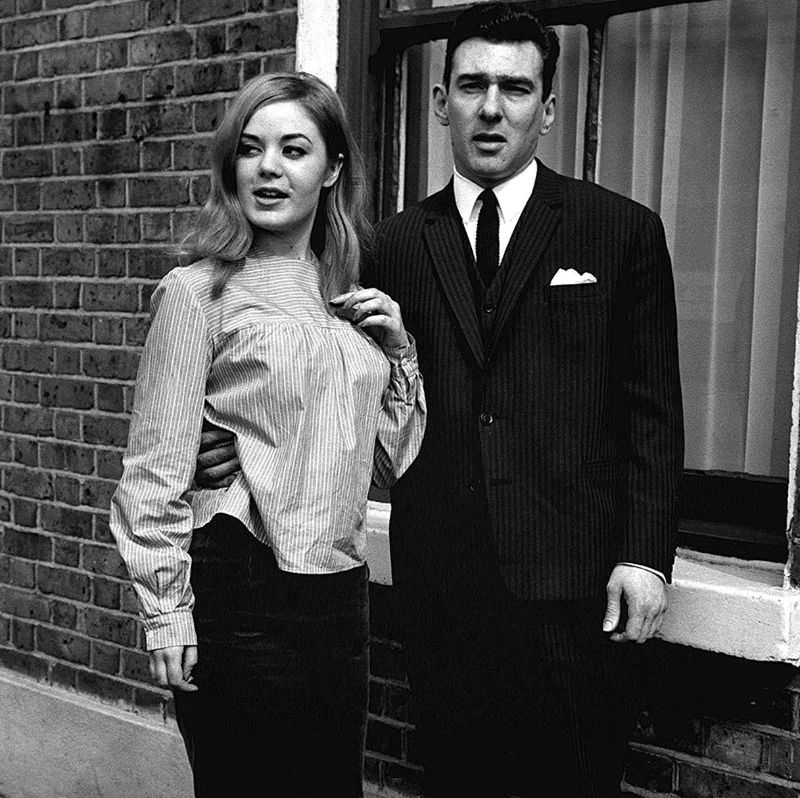 #4 Reggie Kray and Frances Shea outside the Kray home in Valance Road after he and Ronnie are acquitted of all charges of demanding money with menaces, 5th April 1965