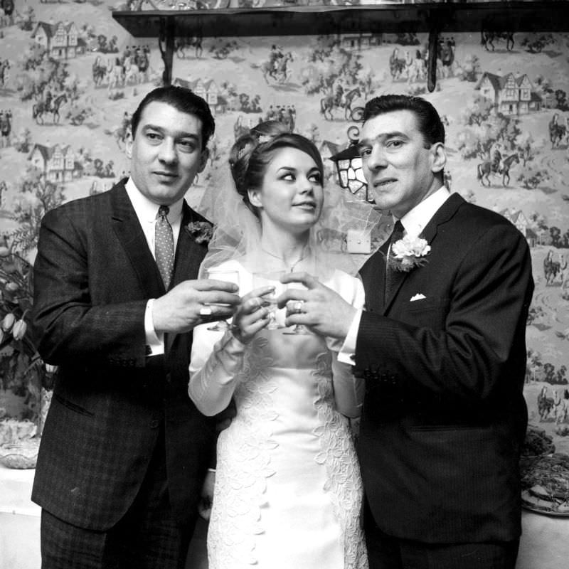 #41 Frances Shea and gangster Reggie Kray on their wedding day, Ronnie Kray on the left, April 20th, 1965