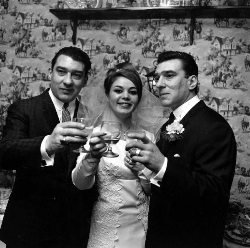 #7 Frances Shea and gangster Reggie Kray on their wedding day, Ronnie Kray on the left, April 20th, 1965