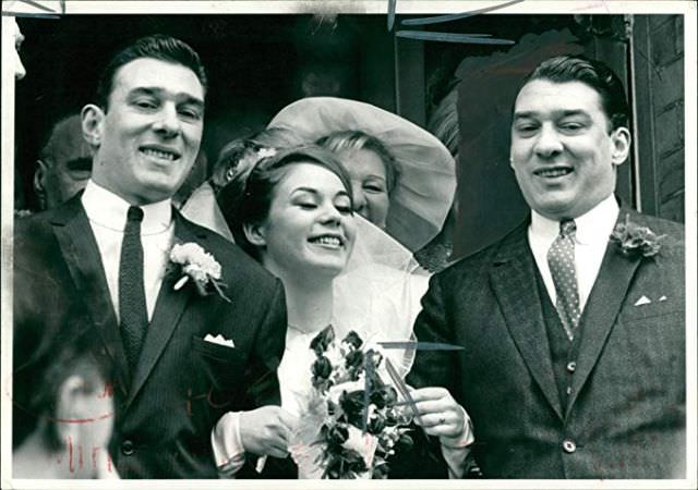 #31 Frances Shea and gangster Reggie Kray on their wedding day, Ronnie Kray on the right, April 20th, 1965