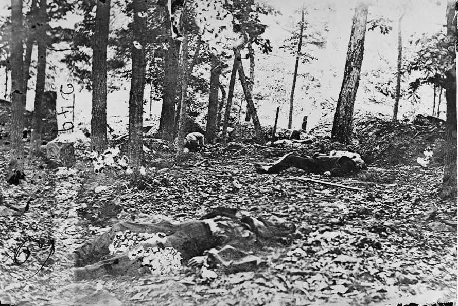 Scene in the woods at foot of Round Top at Battle of Gettysburg. – Title from negative sleeve. July 1863