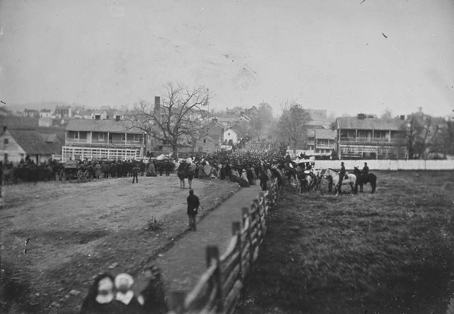 Crowds gather for the dedication of the Soldiers’ National Cemetery (when Abraham Lincoln delivered the Gettysburg Address) in Gettysburg on Nov. 19, 1863.