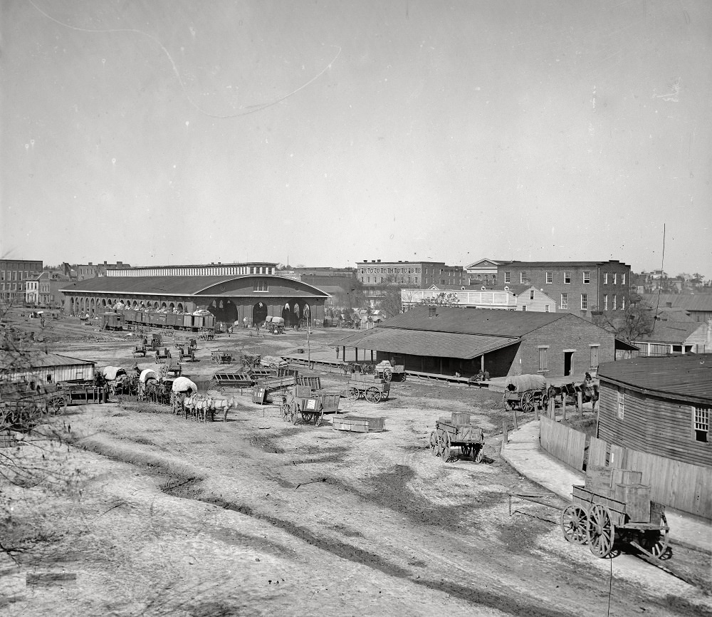 #24 Atlanta railroad depot and yard, Trout House and Masonic Hall in background, 1864