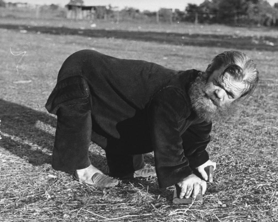 Bear Man” the bearded dwarf walking on all fours at the Greenbrier Valley Fair, 1938