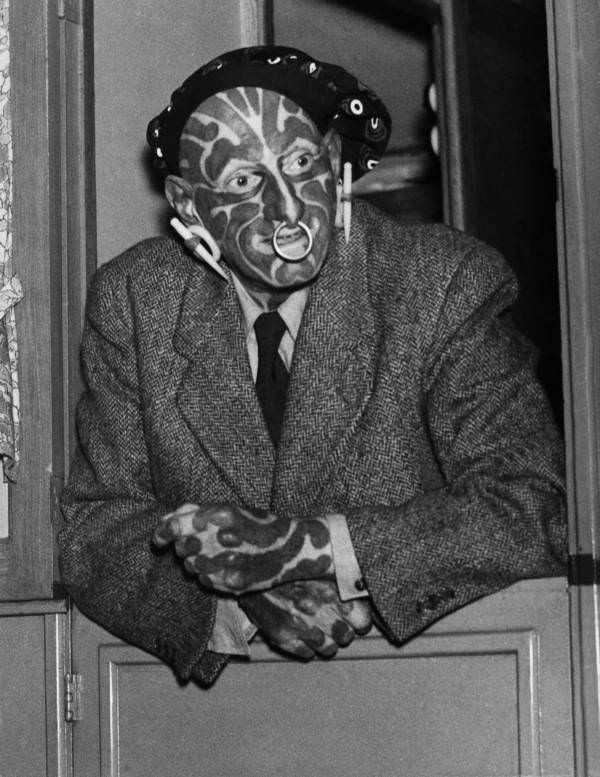English freak and sideshow performer Horace Ridler in 1946. Extensively tattooed, he exhibited himself as “The Great Omi” or “The Zebra Man.”