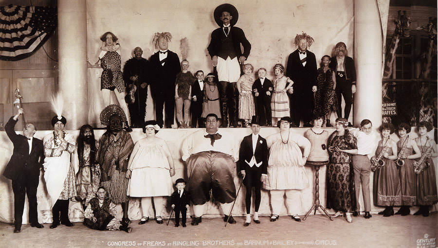 Members of The Ringling Brothers’ “Congress of Freaks” lineup for a group portrait, 1924.