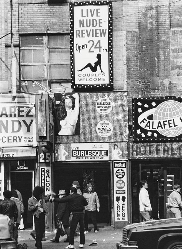 A view of the entrance to the ‘Live Nude Review’ on West 42nd Street, New York City, 1978.