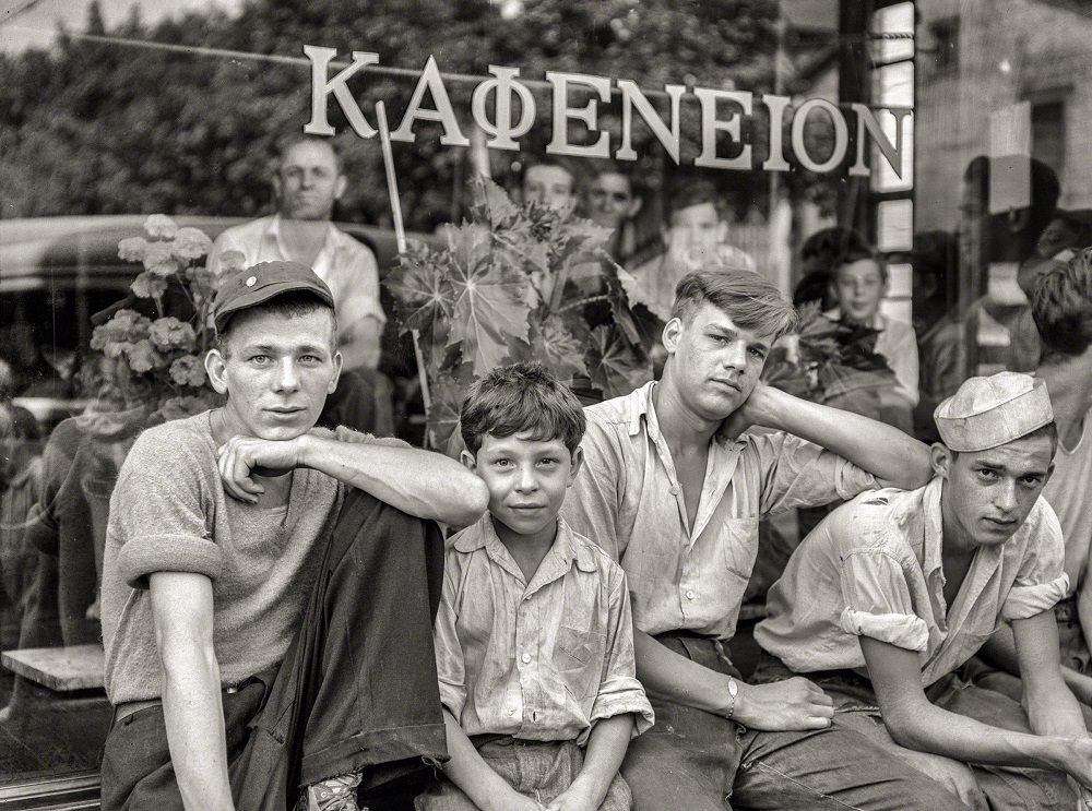 #5 Boys in the town in front of Greek coffee shop. Ambridge, Pennsylvania, July 1938
