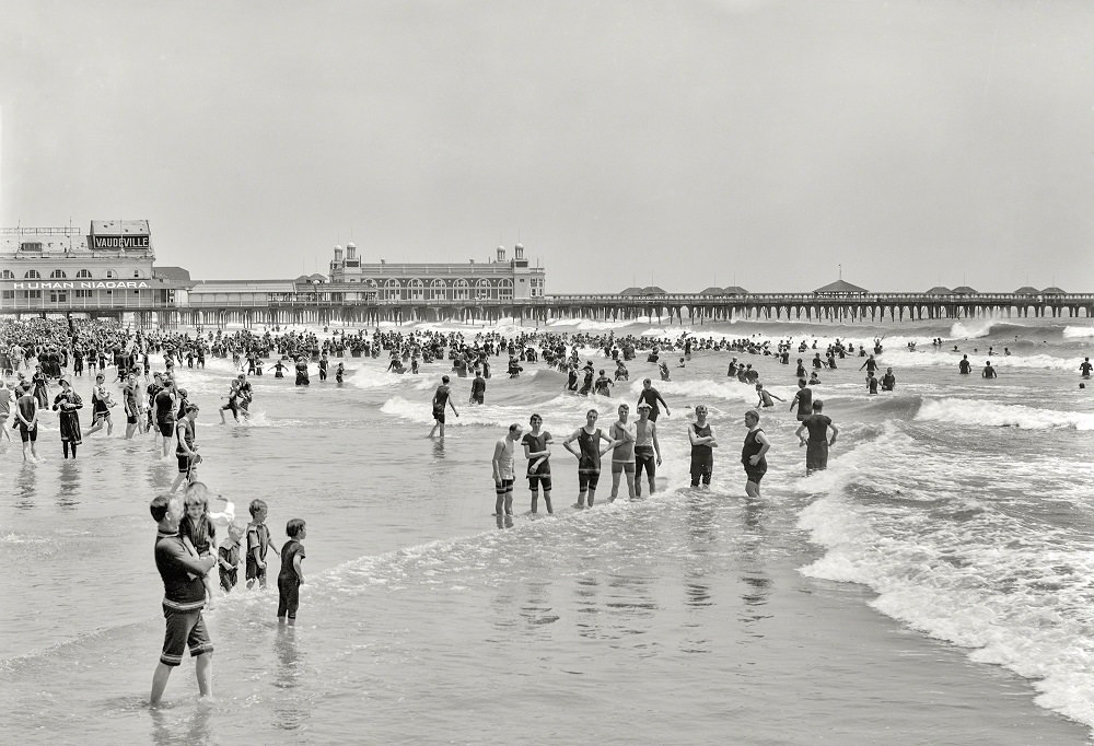 #49 Bathing beach and Steeplechase Pier. Atlantic City circa 1908