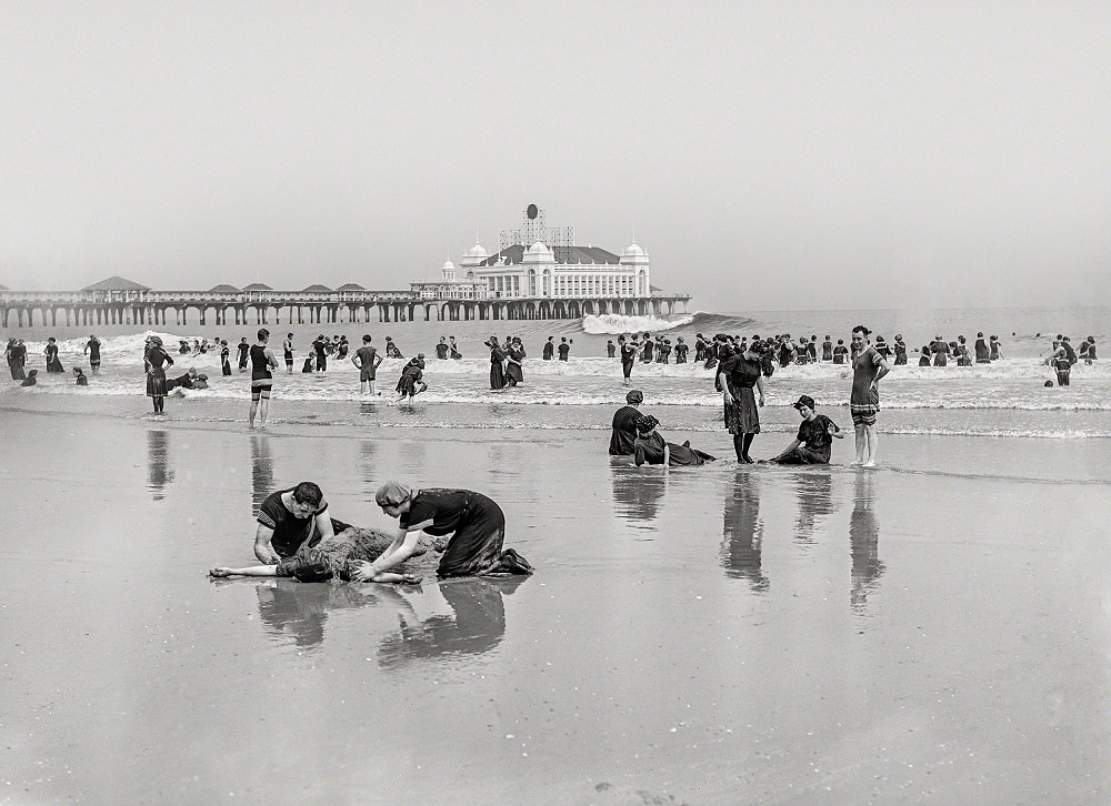 #28 Beach bathers and Steel Pier, Atlantic City, New Jersey, circa 1905