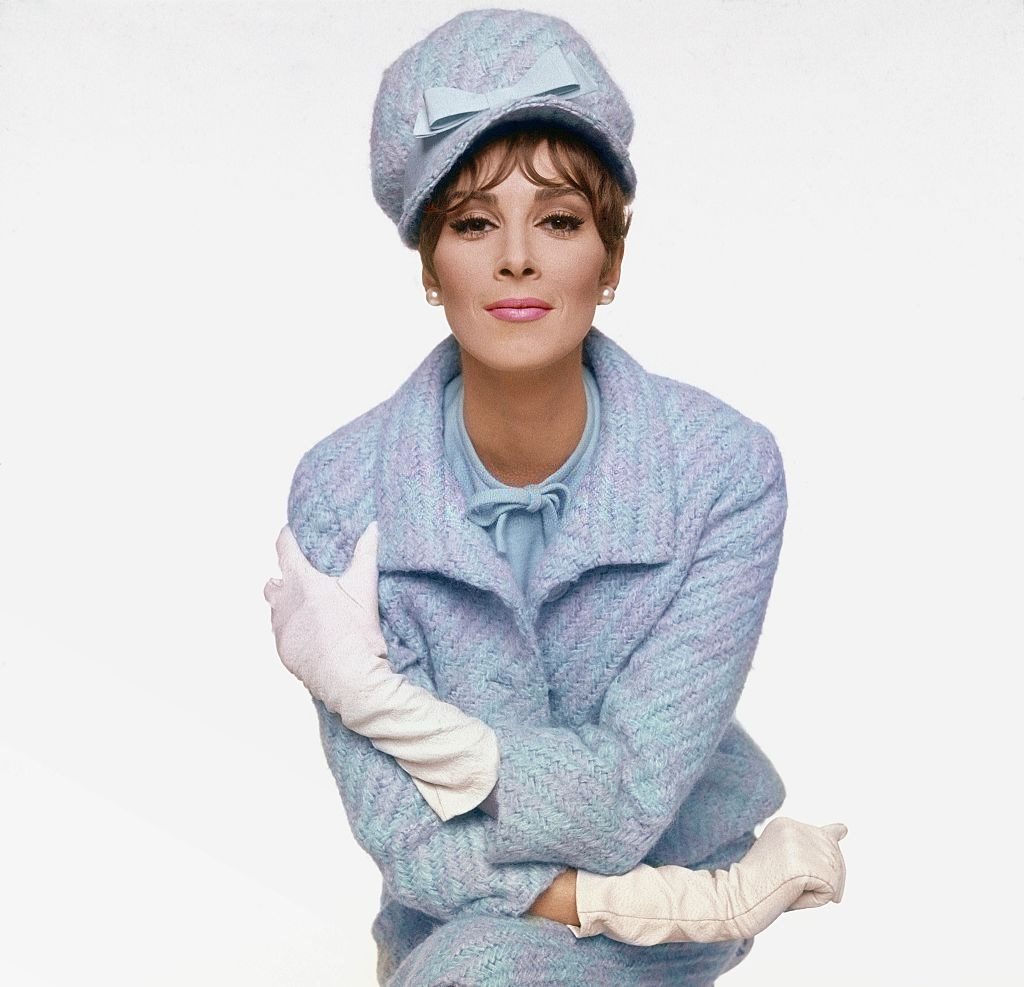 #31 Model Wilhelmina in blue and turquoise wool tweed suit, Vogue 1963