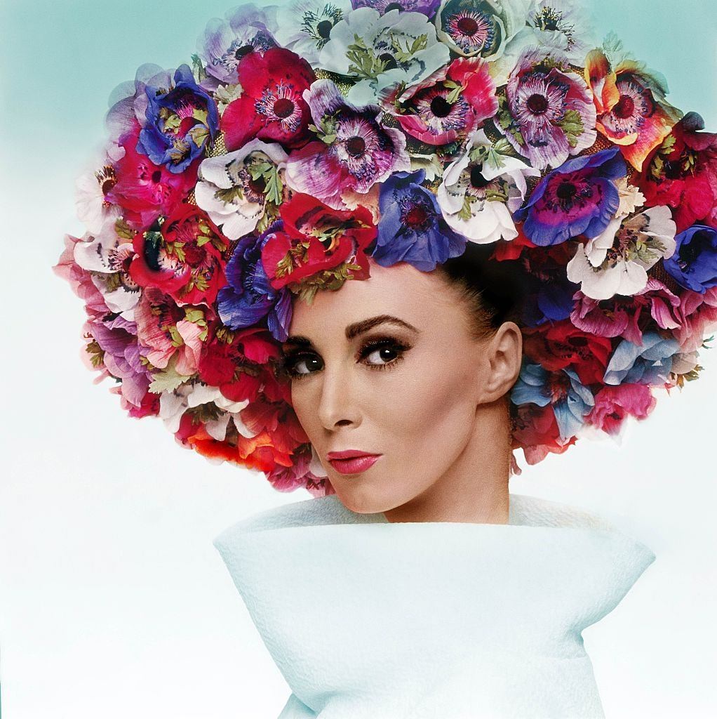 #38 Model Wilhelmina in Dior hat of fabric anemones, Vogue 1964