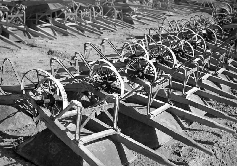 #37 Wheelbarrows used in depression-era government work programs sit idle, February 1939