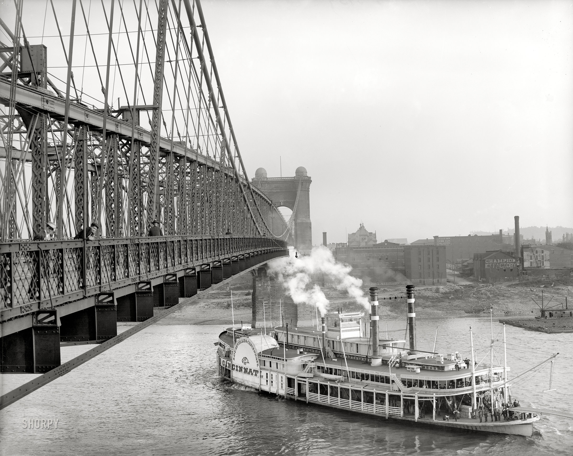 #31 The sidewheeler Cincinnati passing under the Roebling Suspension Bridge, Cincinnati, 1906
