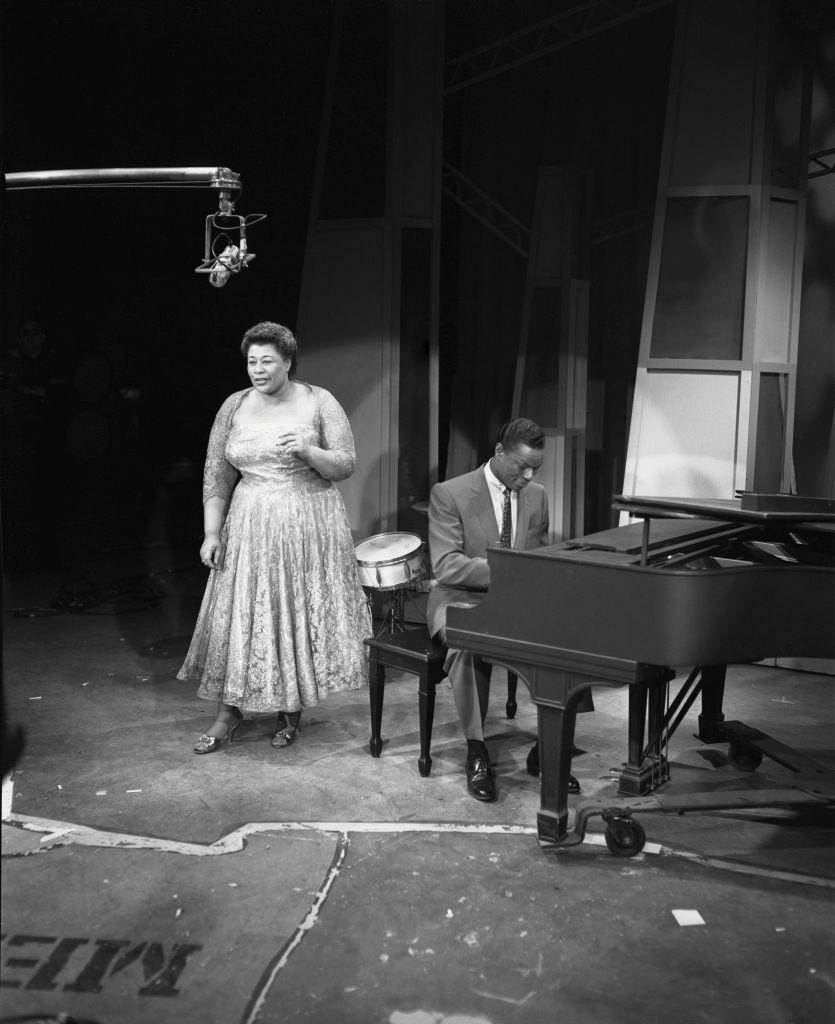 Ella Fitzgerald with Nat King during an episode of the live performance anthology series ‘Ford Star Jubilee,’ New York, December 17, 1955