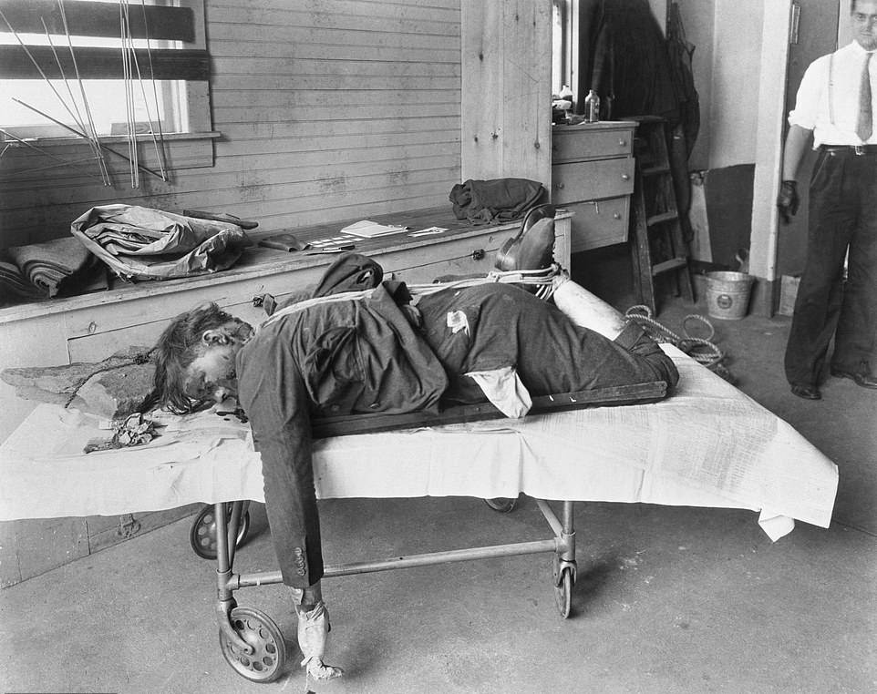 The body of Walter Sage, a hitman working for the mob gang Murder Inc, is pictured after his bound body was pulled from Swan Lake in the Catskills. He was allegedly killed for skimming cash from the mob’s slot machine profits