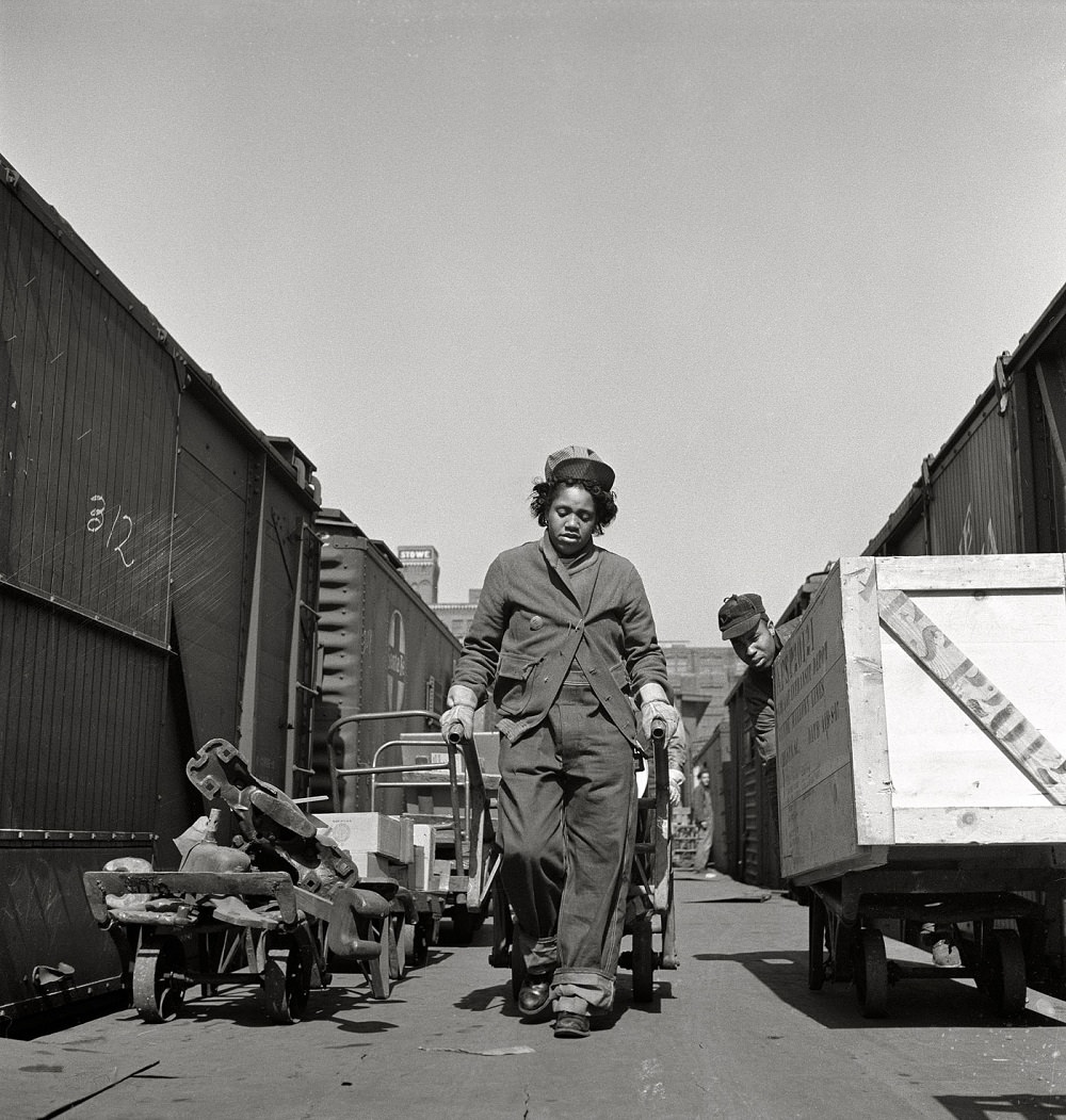 #10 Mildred Williams, one of several women freight handlers employed at the Atchison, Topeka, Kansas City, Missouri, 1943