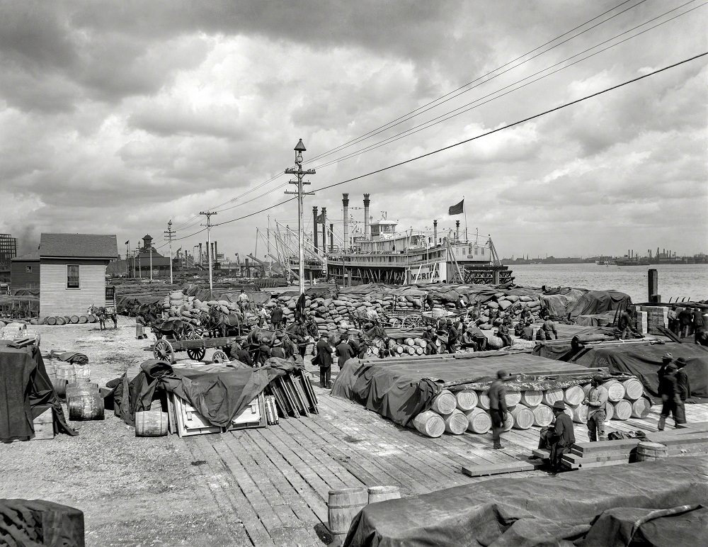 #23 Foot of Canal Street and Riverboat at the levee, New Orleans circa 1900