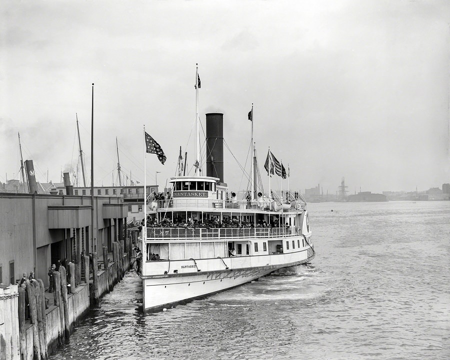 #55 London Ancients and Honorables leaving Rowe’s wharf on steamer Nantasket for harbor trip, Boston, 1904