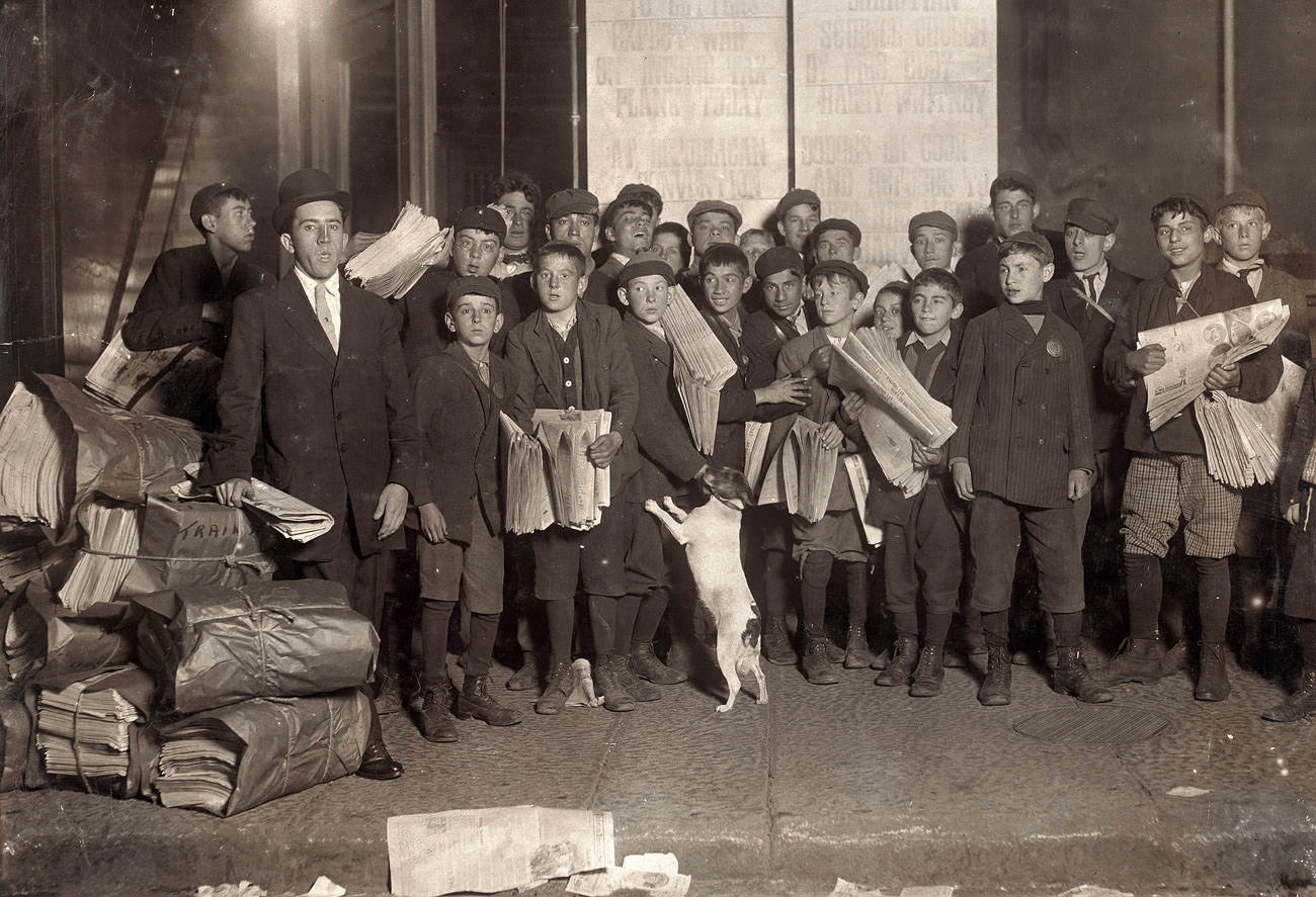 #74 Sunday 5 a.m. Newsies starting out. Boston, Massachusetts, 1909
