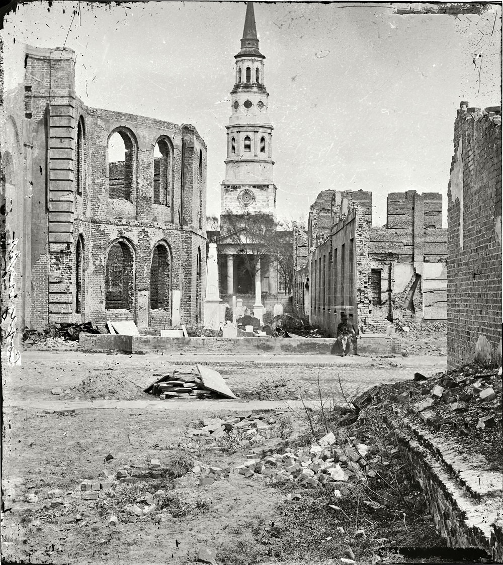 #33 St. Philip’s Church with ruins of Circular Church and Secession Hall, Charleston, April 1865