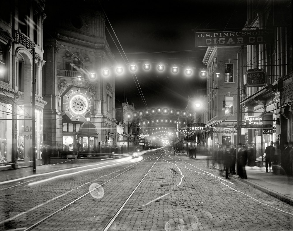 #35 King Street lights at night, Charleston, 1910